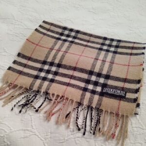 Foxford Of Ireland Beige,Black & Red Plaid Wool Scarf With Fringe 65" × 12"